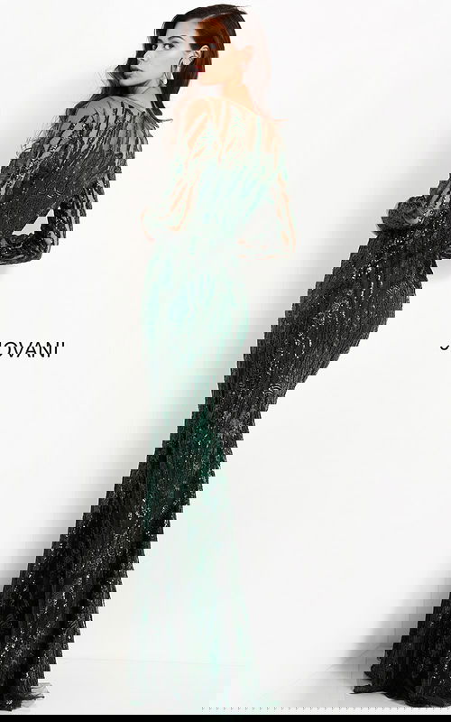 Back view of model in Jovani 03936 green gown with beaded design.