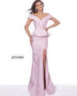 Model wearing Jovani 03944 pink gown with off-the-shoulder neckline and peplum waist