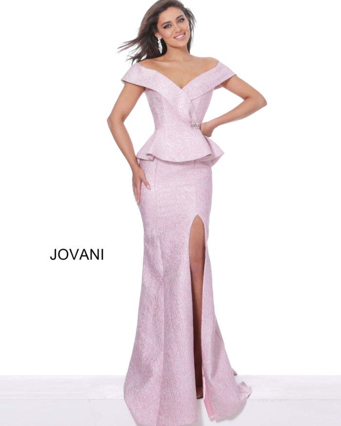 Model wearing Jovani 03944 pink gown with off-the-shoulder neckline and peplum waist