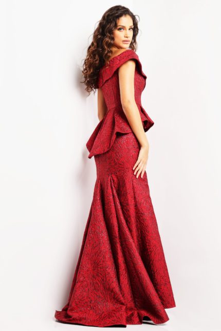 Model wearing Jovani 03944 burgundy gown showing back detail