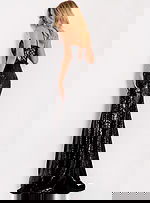 Black sequin gown with deep V neckline and thigh slit 48508