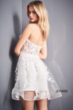 Model wearing Jovani 04109 off-white dress with sheer floral back