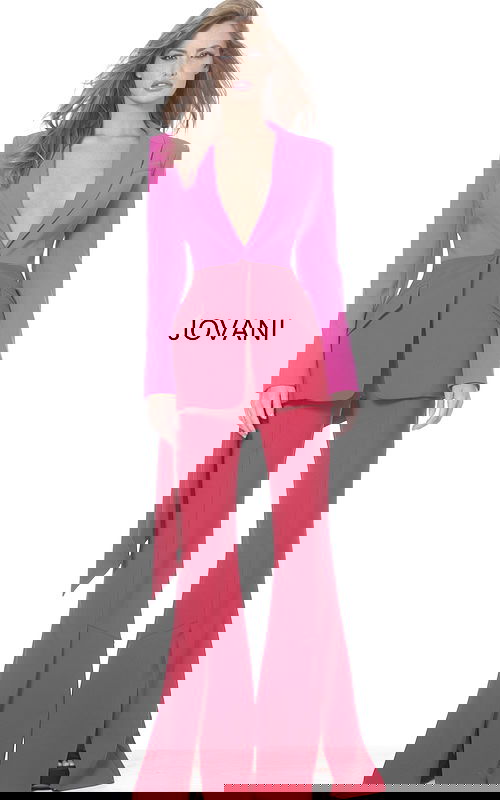 Model in Jovani 04184 red and fuchsia outfit featuring a tailored jacket and wide-leg pants.
