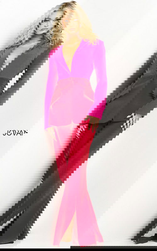 Model wearing Jovani 04148 red and fuchsia suit, front view.