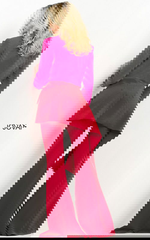 Model wearing Jovani 04148 red and fuchsia suit, back view.