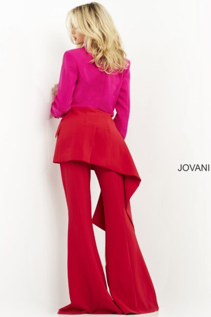 Back view of model in Jovani 04184 highlighting the tailored fit and wide-leg silhouette.