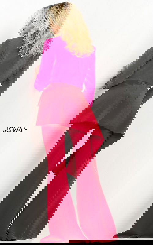 Back view of model in Jovani 04184 highlighting the tailored fit and wide-leg silhouette.