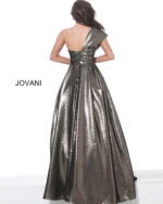 Model wearing Jovani 04170 brown metallic A-line gown back view