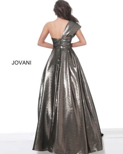 Model wearing Jovani 04170 brown metallic A-line gown back view