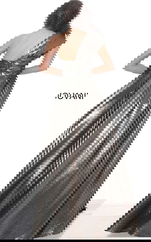 Model wearing Jovani 04170 brown metallic A-line gown back view