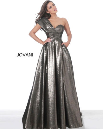 Model wearing Jovani 04170 brown metallic A-line gown front view