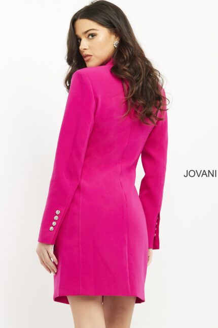 model wearing Jovani 04172 fuchsia blazer dress back view