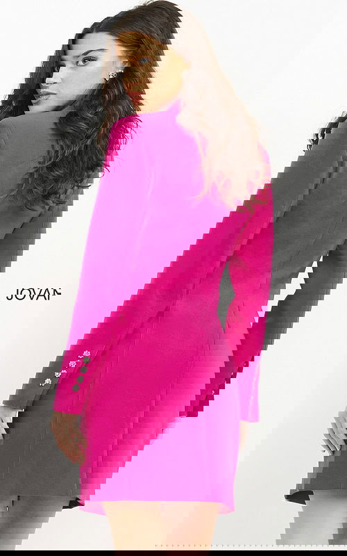 model wearing Jovani 04172 fuchsia blazer dress back view