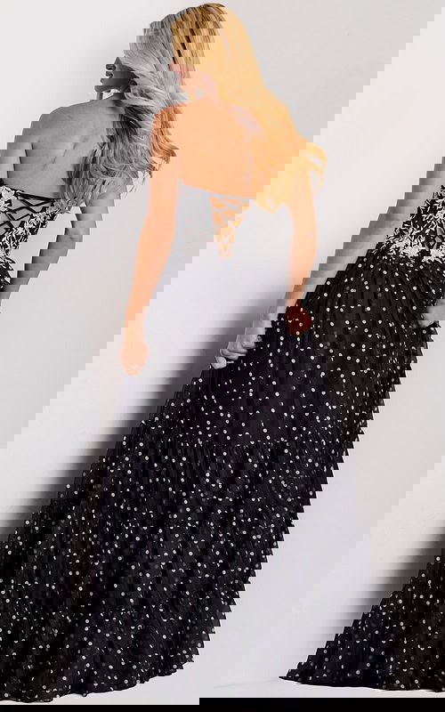 Black polka dot gown with tiered skirt 49086