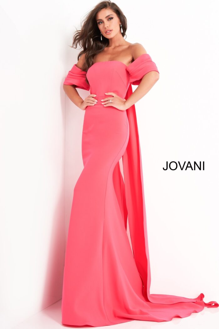 Jovani 04350 red gown, front view showcasing strapless neckline and long hem.