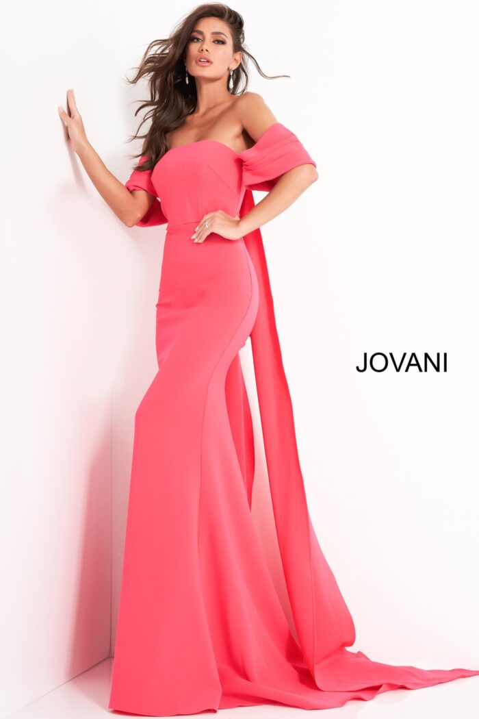 Model in Jovani 04350 red gown with elegant floor-length silhouette and strapless style.