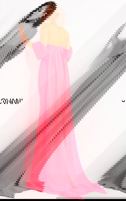 Back view of model wearing Jovani 04350 red gown featuring off-the-shoulder sleeves.