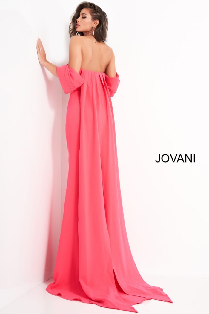 Back view of model wearing Jovani 04350 red gown featuring off-the-shoulder sleeves.