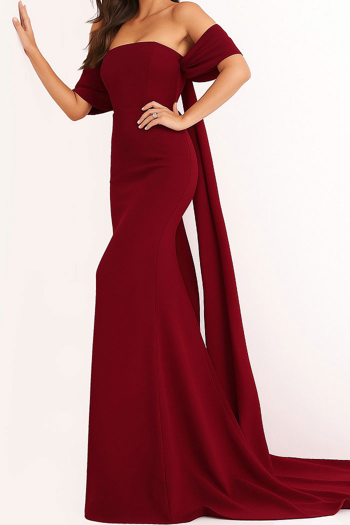 Jovani 04350 Lipstick Off the Shoulder Crepe Evening Dress | Jovani