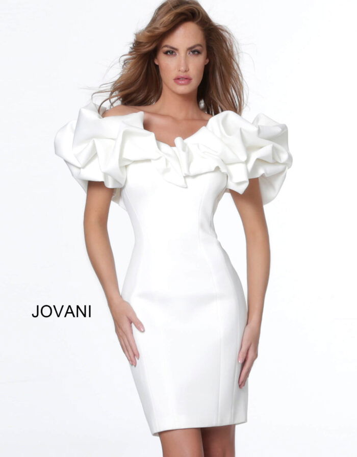 Model wearing Jovani 04367 white dress with dramatic ruffles, front view.