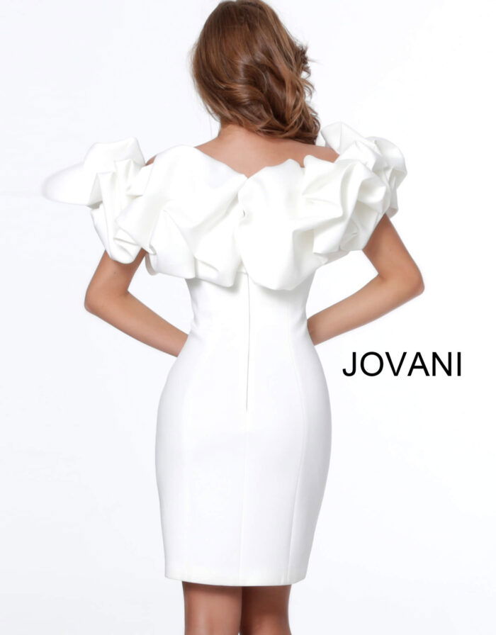 Model wearing Jovani 04367 white dress with ruffled neckline, back view.