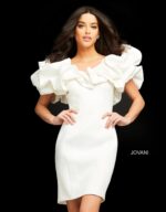 Model wearing Jovani 04367 elegant white dress with off-the-shoulder ruffles, front view.