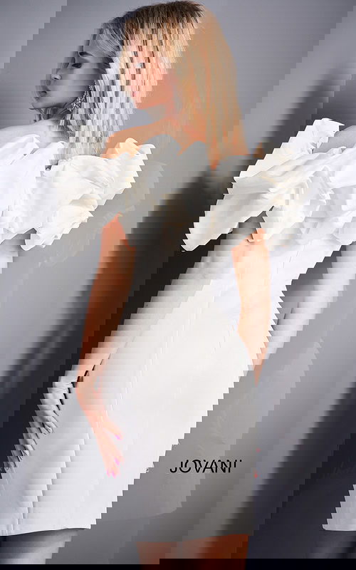 Model wearing Jovani 04367 white dress with ruffled neckline, back view.