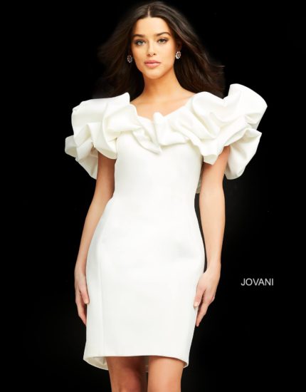 Model wearing Jovani 04367 white dress with dramatic ruffled neckline, front view.