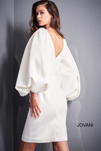 Back view of Jovani 04370 white dress highlighting the sleeve design.