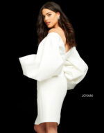 Rear view of Jovani 04370 elegant dress with dramatic sleeve focus.