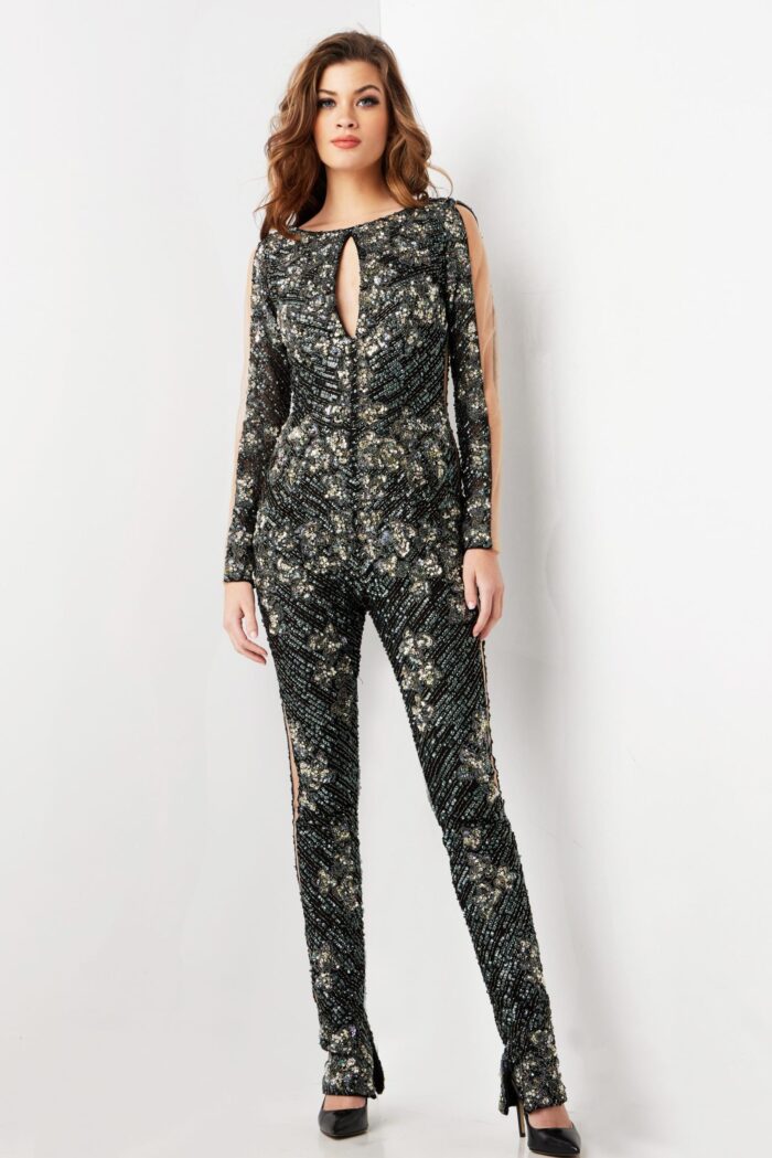 Model wearing Jovani 04395 black sequin jumpsuit with keyhole neckline, front view.