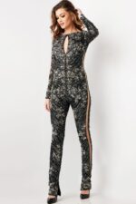 Model wearing Jovani 04395 black sequin jumpsuit, angled front view.
