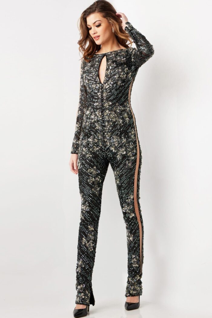 Model wearing Jovani 04395 black sequin jumpsuit, angled front view.