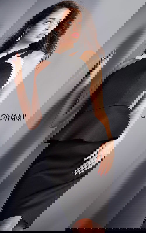 Model in Jovani 04409 black dress with white trim, front close-up view