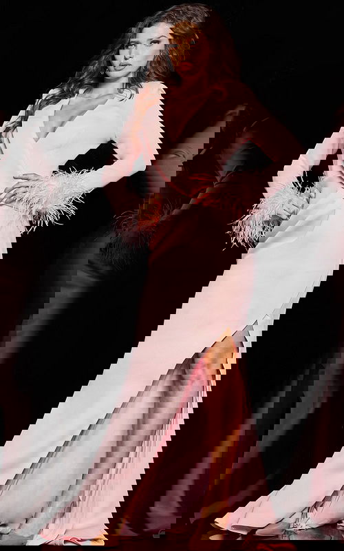 model wearing Jovani 04501 blush gown with V-neckline and feather cuffs