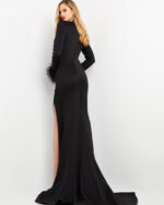 Back view of model wearing Jovani 04501 black floor-length gown.