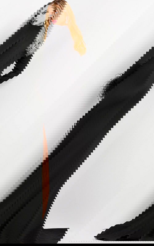 Back view of model wearing Jovani 04501 black floor-length gown.