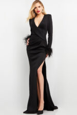 Model wearing Jovani 04501 black gown with high slit.