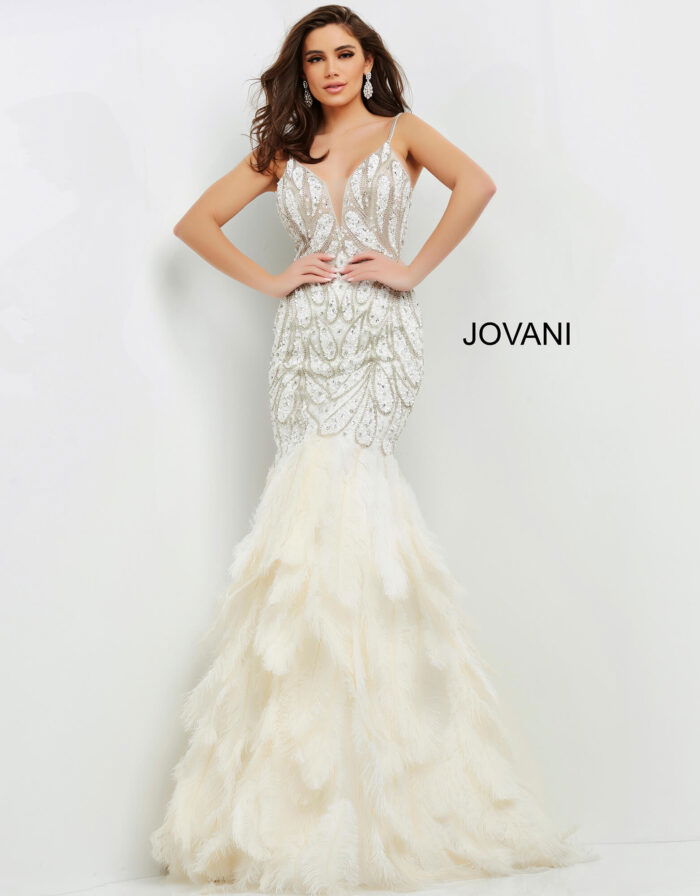 Model wearing Jovani 04625 off-white mermaid gown with V-neckline.