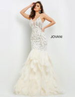 Model wearing Jovani 04625 off-white mermaid dress with feathered skirt from the front.