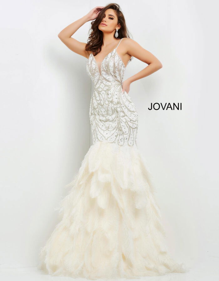 Model wearing Jovani 04625 off-white mermaid dress with feathered skirt from the front.