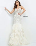 Front view of Jovani 04625 off-white gown emphasizing beadwork and feather skirt.