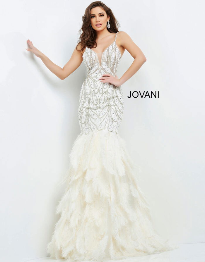 Front view of Jovani 04625 off-white gown emphasizing beadwork and feather skirt.