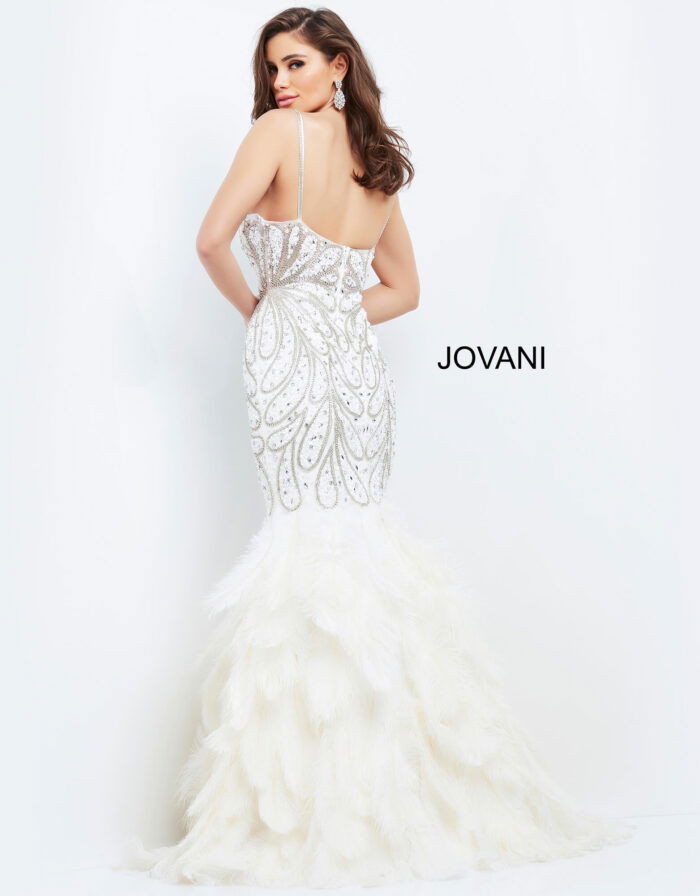 Back view of Jovani 04625 dress in off-white with intricate beadwork.