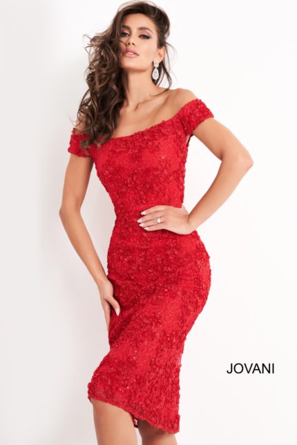 model wearing Jovani 04763 front view red dress showcasing floral detail