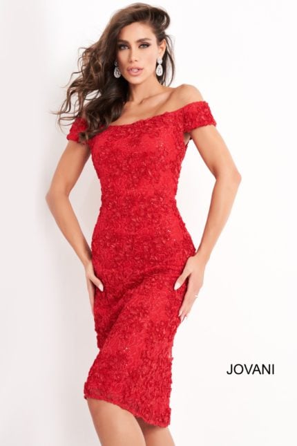 model wearing Jovani 04763 front view red dress with lace design