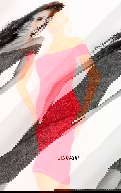 model wearing Jovani 04763 front view red dress with lace design