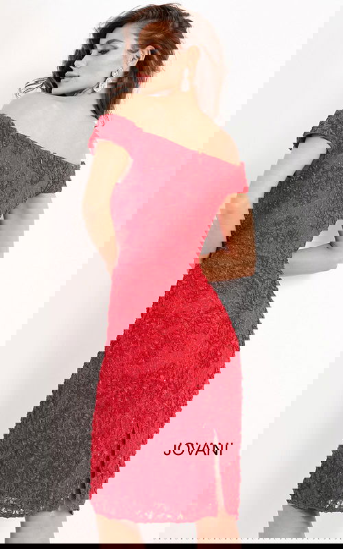 model wearing Jovani 04763 back view red dress with floral lace