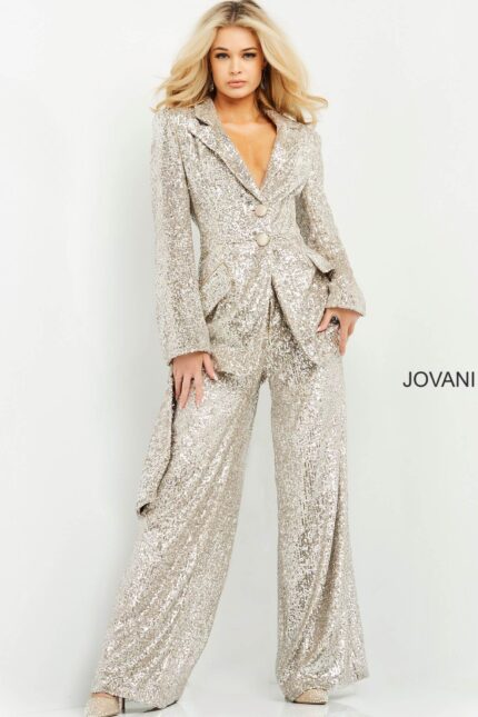 Model wearing Jovani 04905 nude sequin blazer-style jumpsuit from the front.