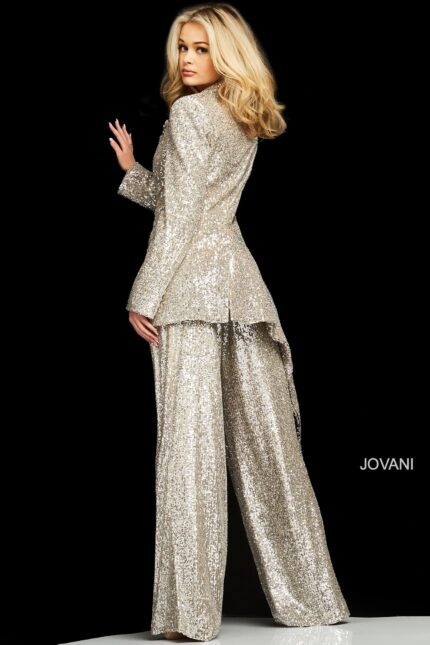Rear view of model wearing Jovani 04904 sequin outfit.